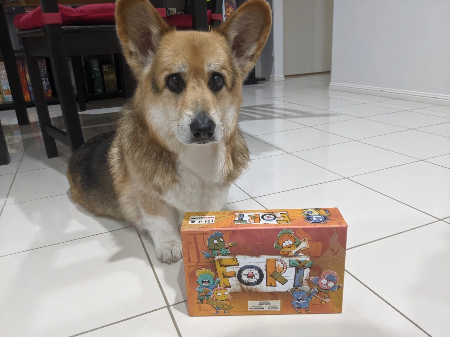 Corgi looking pensively at the camera, just below him is a box of Fort the board game.