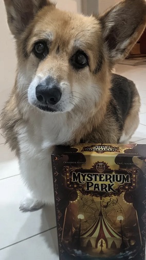 Chester the corgi standing behind the box of Mysterium Park.