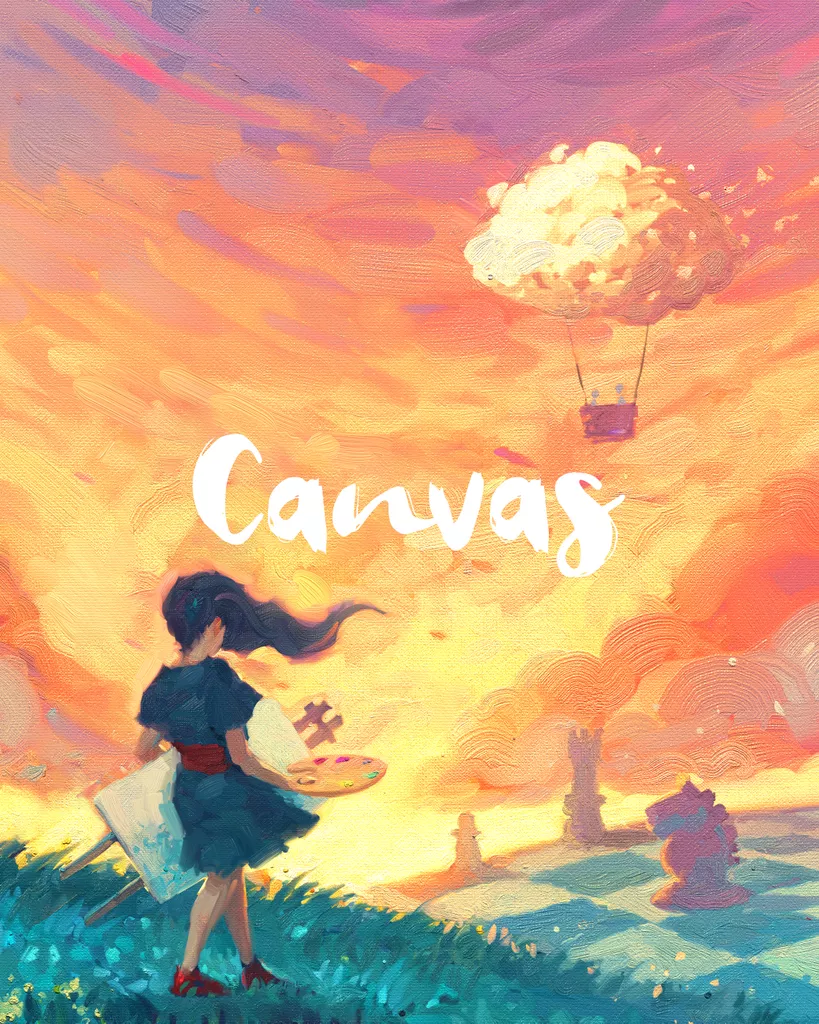 The box art for Canvas, shows a woman with paints looking at an abstract landscape.