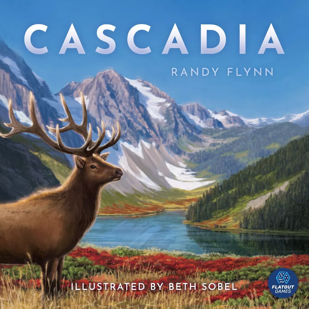 Cascadia box art shows a deer in front of a lake, forest, and snow capped mountains.
