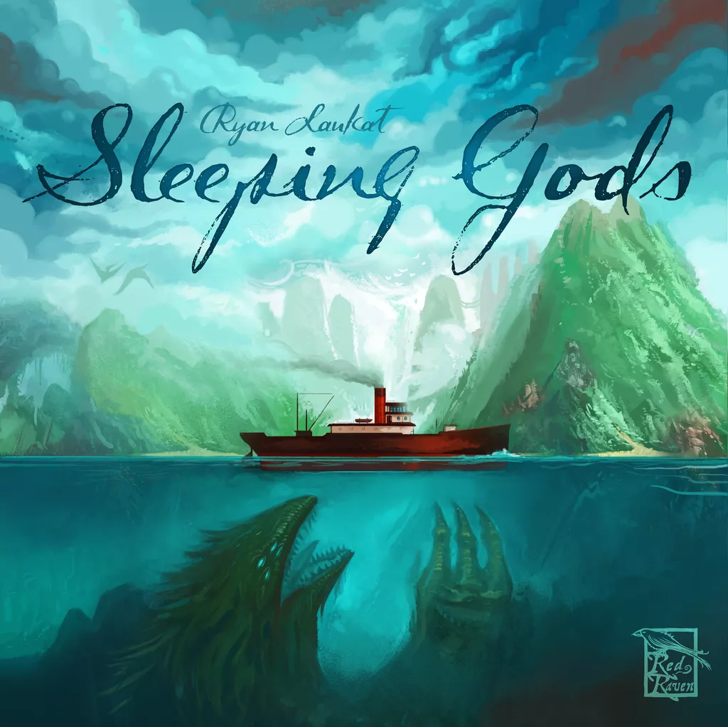 Sleeping Gods shows a steam boat on the ocean water. Underneath the water is a godzilla looking creature reaching for the boat.