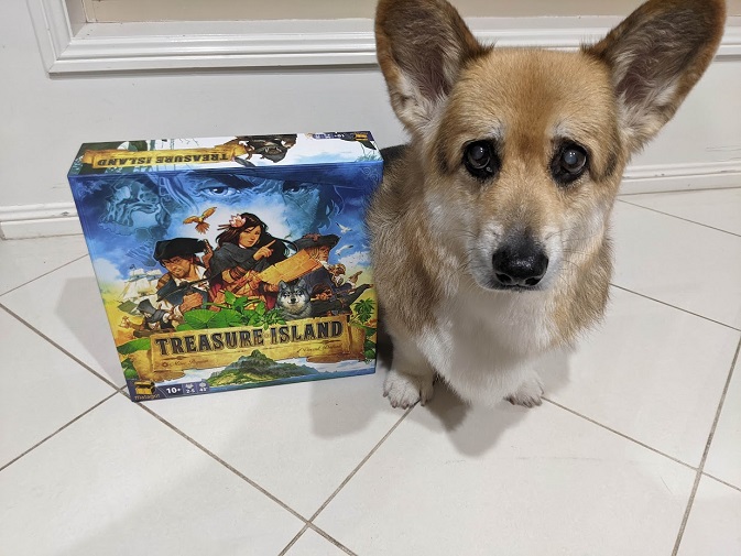 Chester the corgi, sitting patiently next to the Treasure Island game box.