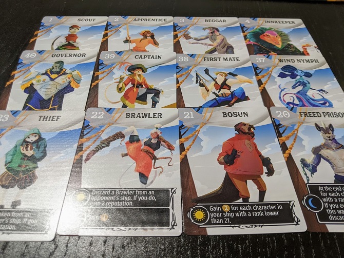 Some of the card art from Libertalia Winds of Galecrest. Some cards include First Mate, Bosun, and Thief.