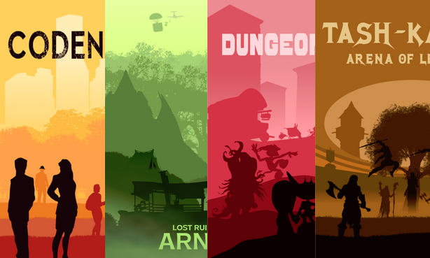 Board games posters, including Code Names, Lost Ruins of Arnak, Dungeon Petz, and Tash-Kalar