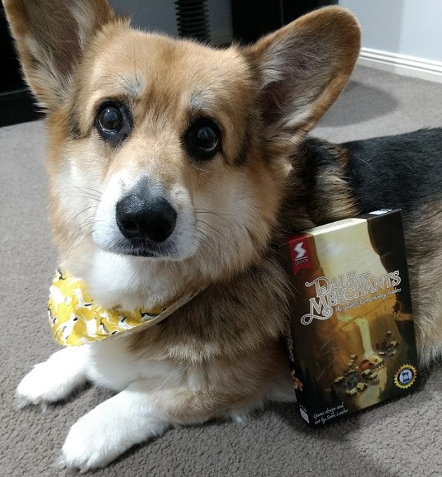 The ridiculously handsome Chester the Corgi with a bandana and the box for Dale of Merchants