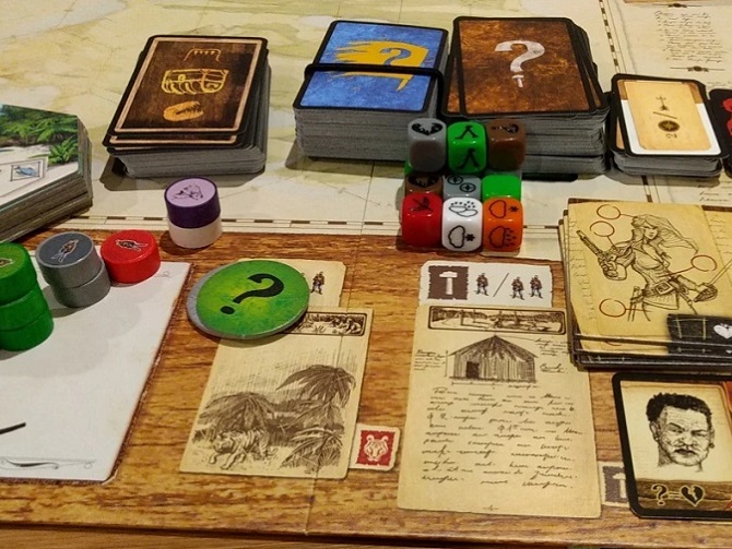 Cards, dice, tokens, and player boards.
