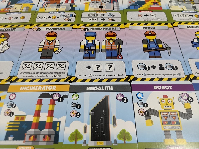 Some card art from Fantastic Factories, showing both contractor cards as well as blueprint cards.