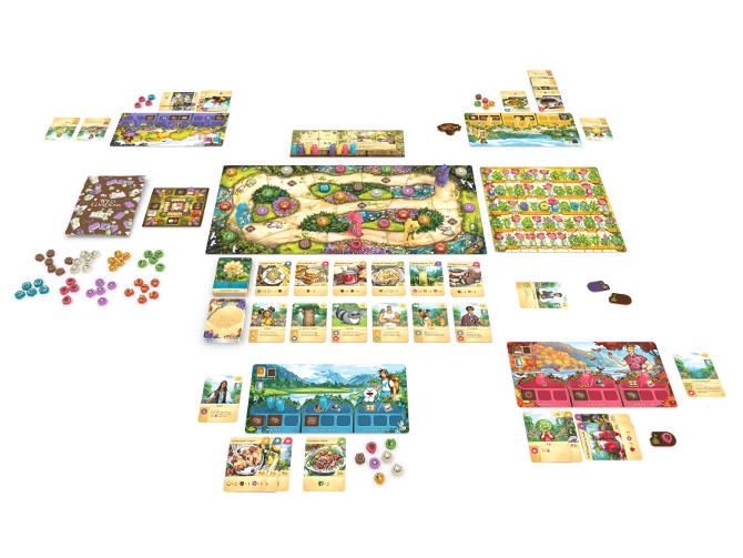 Wild Gardens all laid out, showing the garden walk, the score board, the player boards, and more