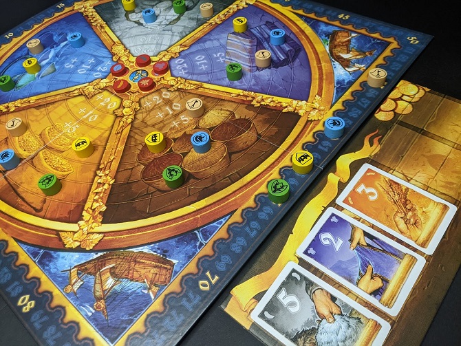 During the last round, yellow player has 5 of Fur, 2 of Cloth, and 3 of Grain in their boat already.