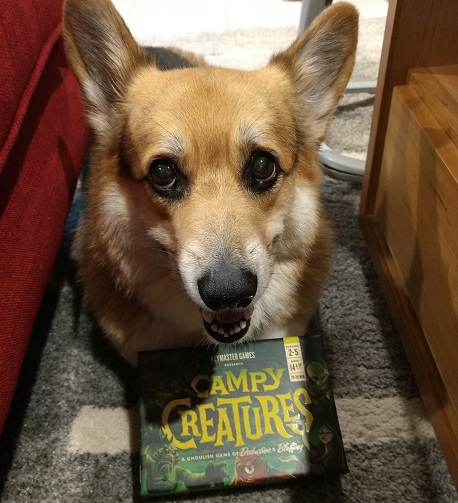 Happy Corgi laying down with Campy Creatures on it's legs.