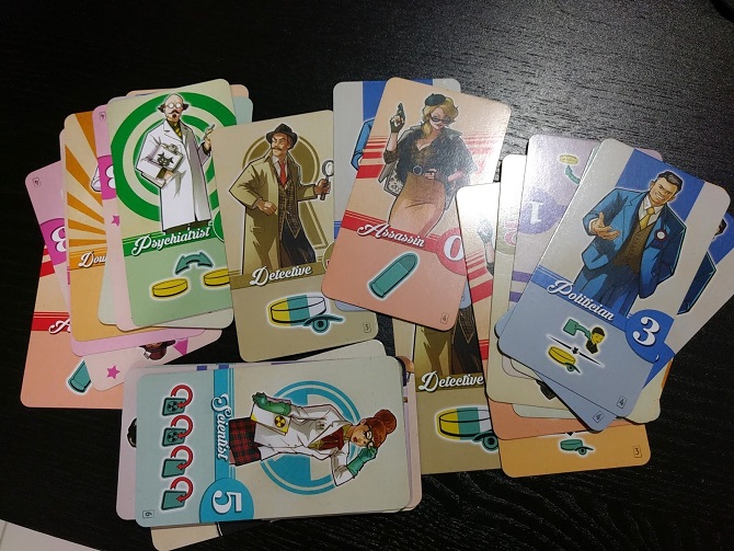 Some of the cards within the game, such as Assassin, Psychiatrist, Politician, and Scientist.