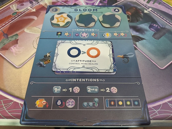 Team boards of Cerebria. Ambition tokens at the top, current objective in the middle and icons everywhere else.