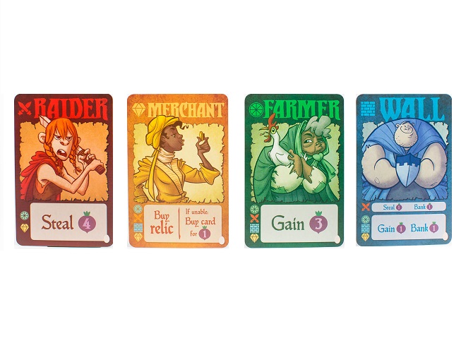 The four starting cards from Village Pillage. Raider, Merchant, Farmer, and Wall