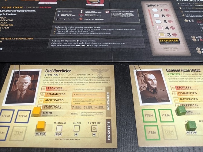 Shows the player boards for Carl Goerdeler and General Hans Oster
