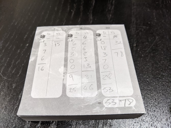 A Tides of Madness score sheet, shows Dave losing 78 points to 53.