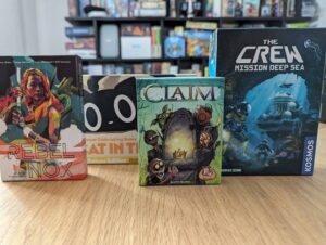 game boxes of rebel nox, cat in the box, claim and the crew mission deep sea