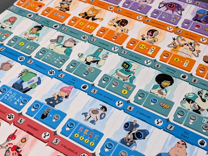 top-down grid layout of various Zenith board game character cards, featuring colorful sci-fi artwork of humans, animods, and robots with asymmetric gameplay stats.