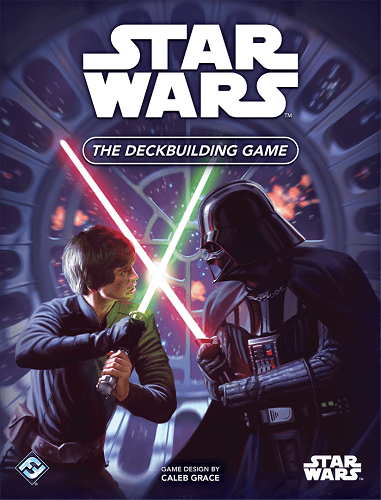 The front cover of Star Wars: The Deckbuilding Game box showing Luke Skywalker clashing green and red lightsabers with Darth Vader in front of the Emperor's throne room window.